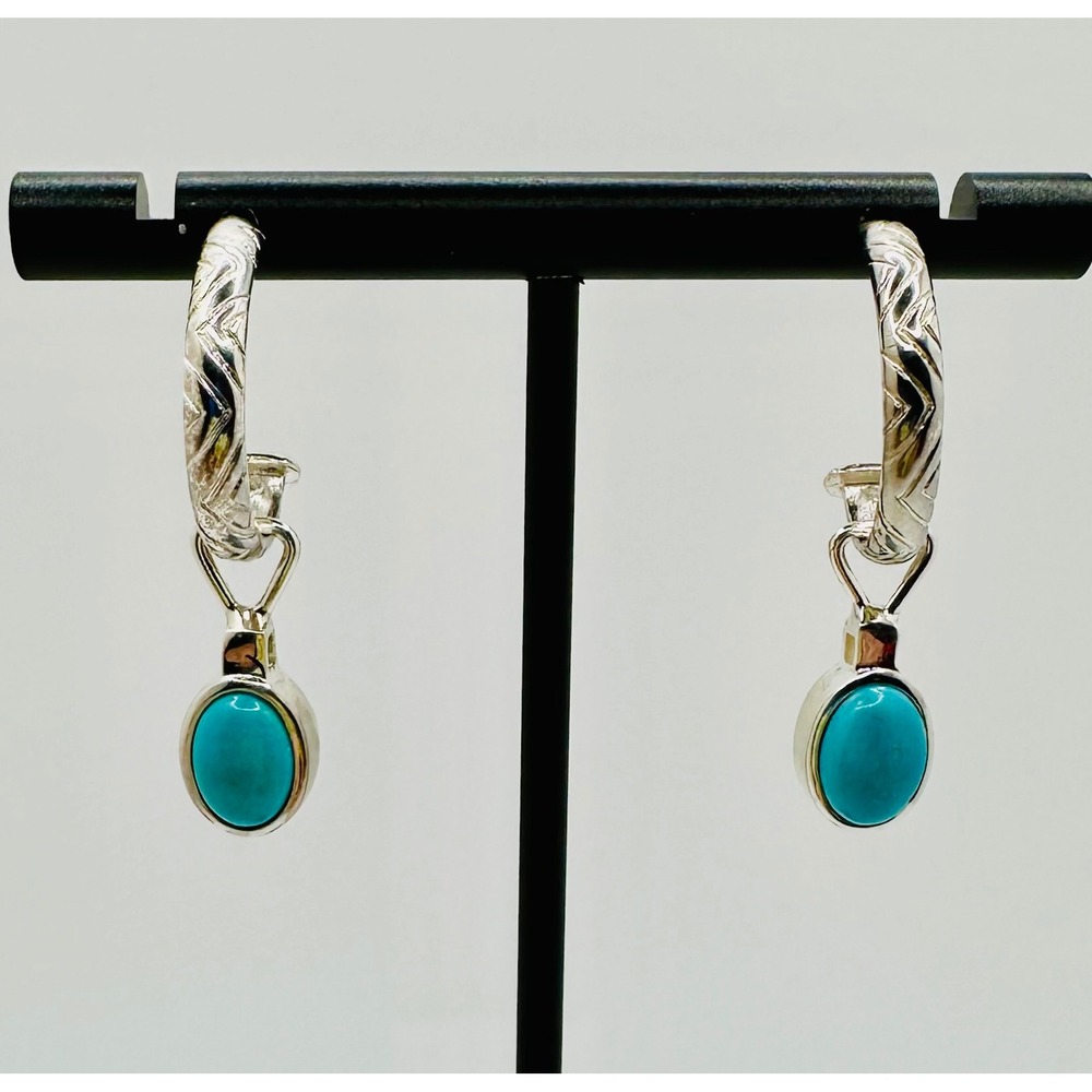 Jay King 3/1 92.5 Sleeping Beauty Turquoise Lapis Etched Hoop Drop Earrings 925
